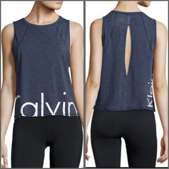 CALVIN KLEIN shirt gray monogram sleeveless keyhole back‎ top XS - Picture 1 of 8